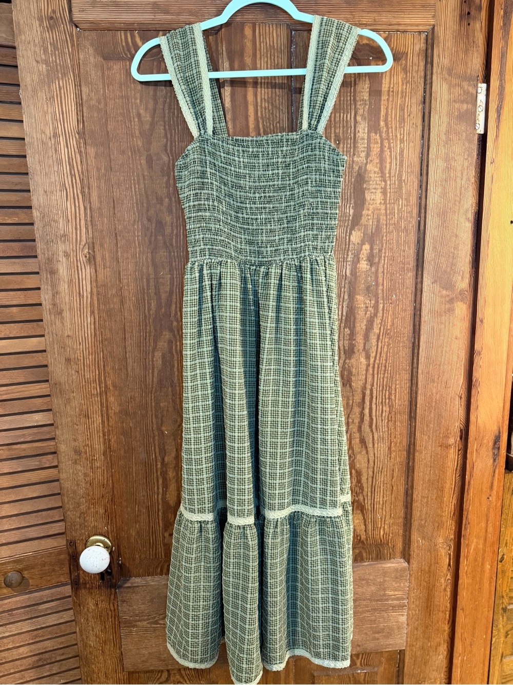 Green Smocked Midi Dress with Wide Straps gingham plaid